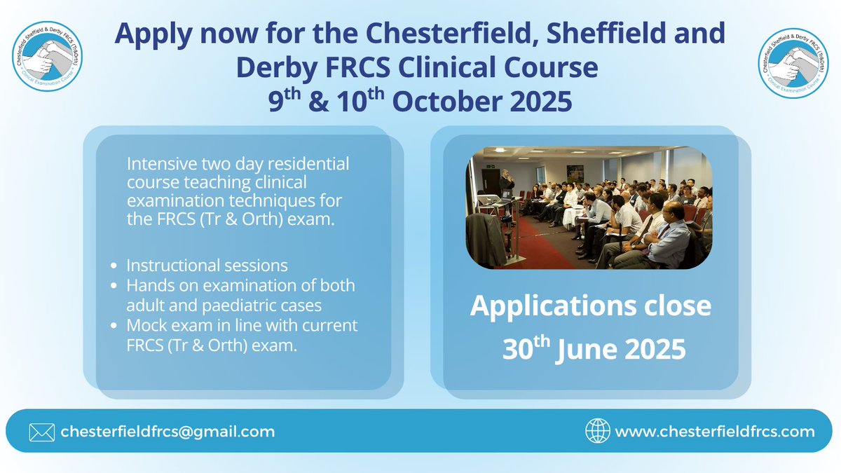 ‼️1 WEEK TO GO‼️

Applications for the Chesterfield, Sheffield and Derby FRCS Clinical Course will be closing soon - Don't forget to apply before 30th June!

For full details and how to apply, visit chesterfieldfrcs.com

#FRCS #Orthopaedics