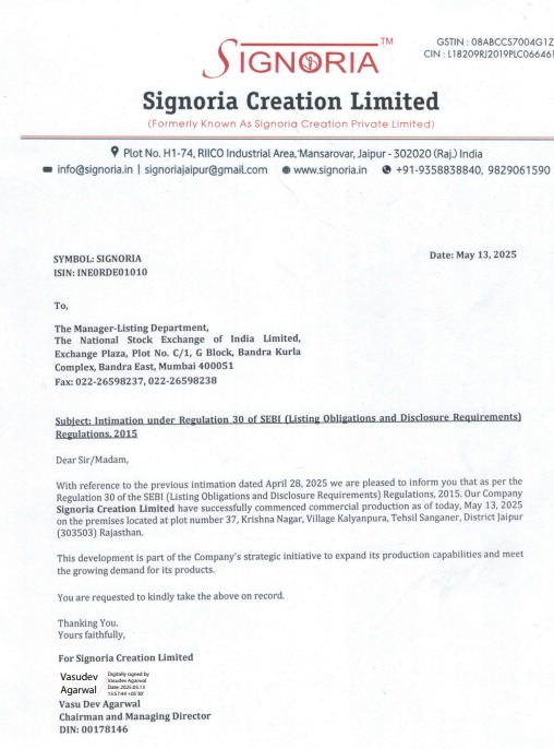 AvinashGoraksha's tweet photo. #SignoriaCreationLimited
The Company has commenced commercial production at its new facility in Jaipur, Rajasthan, effective May 13, 2025. 

This strategic expansion enhances production capacity and supports the company’s long-term growth vision.
#Manufacturing #BusinessUpdate https://t.co/xQtcb4vRuL