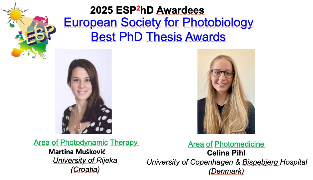 🎉 Congratulations to the 2025 ESP Best Ph.D. Thesis awardees: Lara García-Campa for Plant Photobiology; Charlotte Rouiller for Environmental Photobiology; <a href="/MuskovicMartina/">Martina</a> for Photodynamic Therapy; and Celina Pihl for Photomedicine. Discover their works at #ESPcongress2025 🗓️