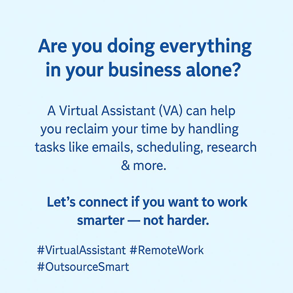AdioTobilo14508's tweet photo. Are you doing everything in your business alone?
A Virtual Assistant (VA) can help you reclaim your time by handling tasks like emails, scheduling, research &amp; more.
Let’s connect if you want to work smarter — not harder.
#VirtualAssistant #RemoteWork #OutsourceSmart https://t.co/pma9U5BDkK