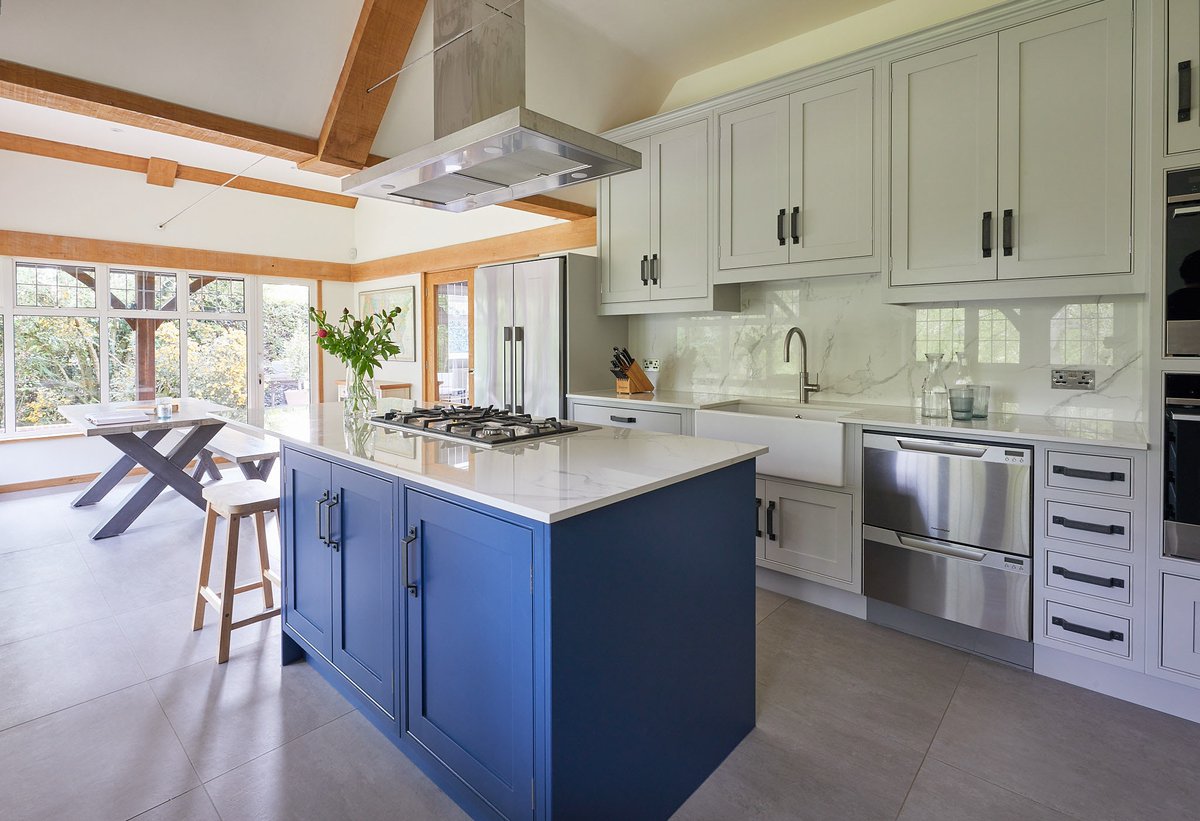 A stunning hand-painted kitchen in Pavilion Grey &amp; Stiffkey Blue, designed by Martin for a beautiful barn conversion.

Visit our showroom to explore our latest kitchens and appliances.

#BespokeKitchen #BarnConversion #DektonWorktops #KitchenDesign #MoneyhillInteriors