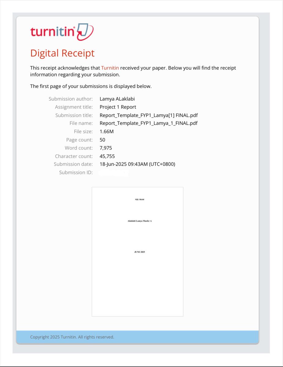 LamyaAlamar's tweet photo. الحمد لله حمدًا كثيرًا طيبًا مباركًا فيه
Finished FYP1 of SQL Shield a platform to teach &amp; prevent SQL Injection attacks.
Designed the system, DB, and key security features:
✅ Input Validation
✅ Prepared Statements
✅ RBAC
✅ MFA
FYP2 next! https://t.co/FqZhdEj32x