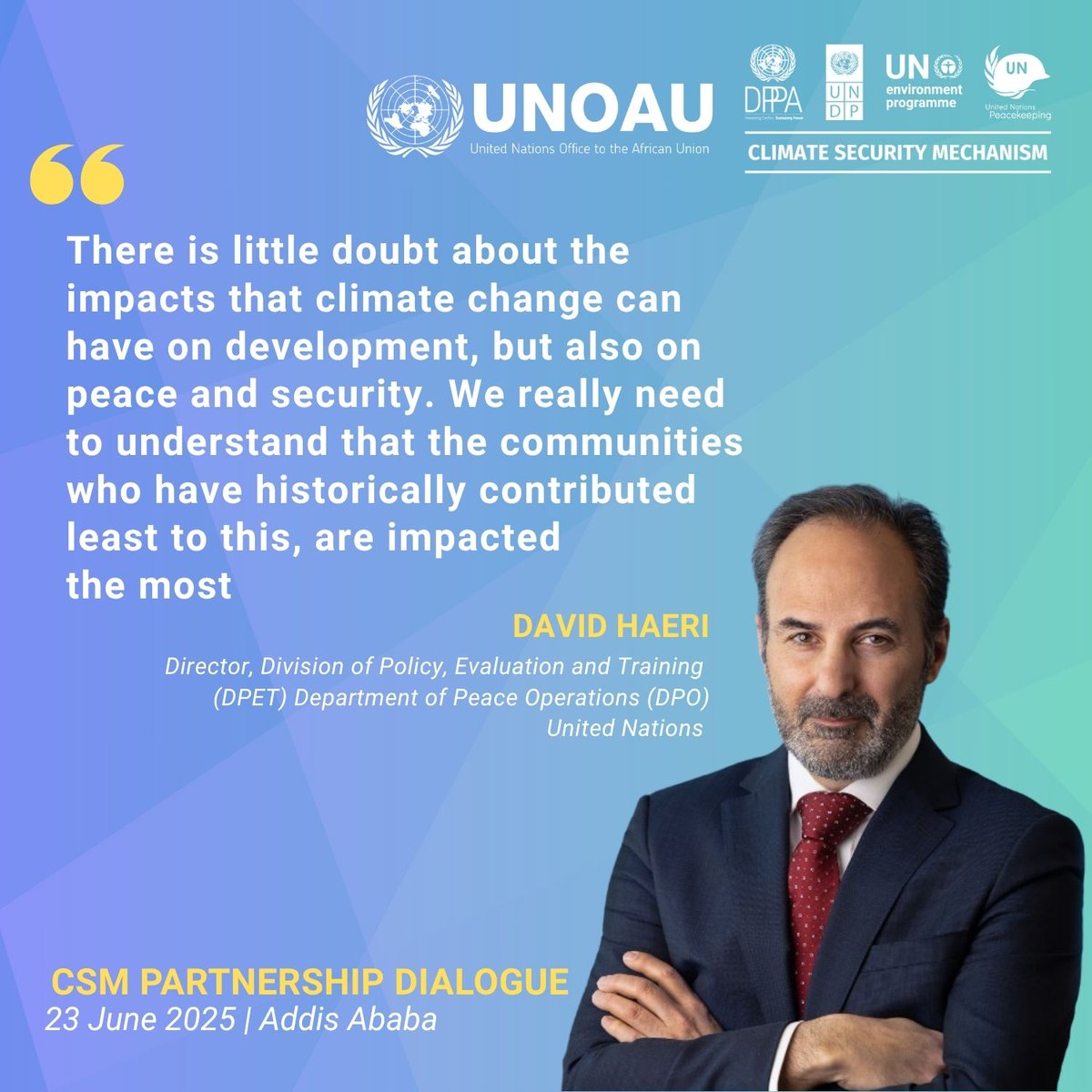 UN Office to the African Union - UNOAU (@unoau_) on Twitter photo Speaking on behalf of <a href="/UN/">United Nations</a> #ClimateSecurityMechanism, David Haeri <a href="/UNPeacebuilding/">United Nations Peacebuilding</a> opens the #CSMDialogueAfrica by highlighting the importance of integrated, forward-looking strategies to tackle the climate–peace–security nexus. #CPS #PeaceAndSecurity Speaking on behalf of <a href="/UN/">United Nations</a> #ClimateSecurityMechanism, David Haeri <a href="/UNPeacebuilding/">United Nations Peacebuilding</a> opens the #CSMDialogueAfrica by highlighting the importance of integrated, forward-looking strategies to tackle the climate–peace–security nexus. #CPS #PeaceAndSecurity