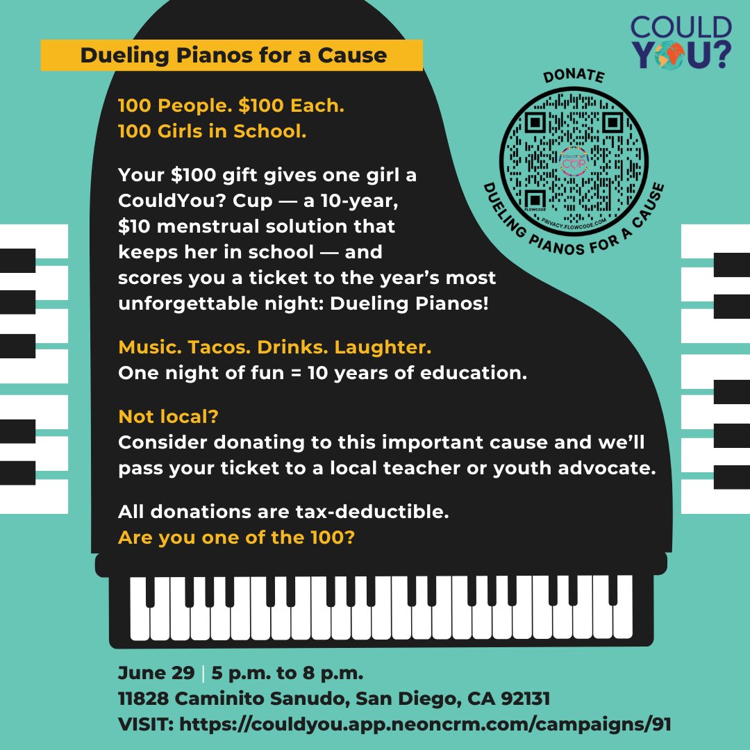 🎹 100 people. $100 each. 100 girls in school.
Join us June 29 in San Diego for #DuelingPianosForACause! Music, tacos, drinks &amp; a 10-year impact.
Not local? Donate &amp; gift your ticket!
🎟️ couldyou.app.neoncrm.com/campaigns/91
#CouldYouCup #GirlsEducation