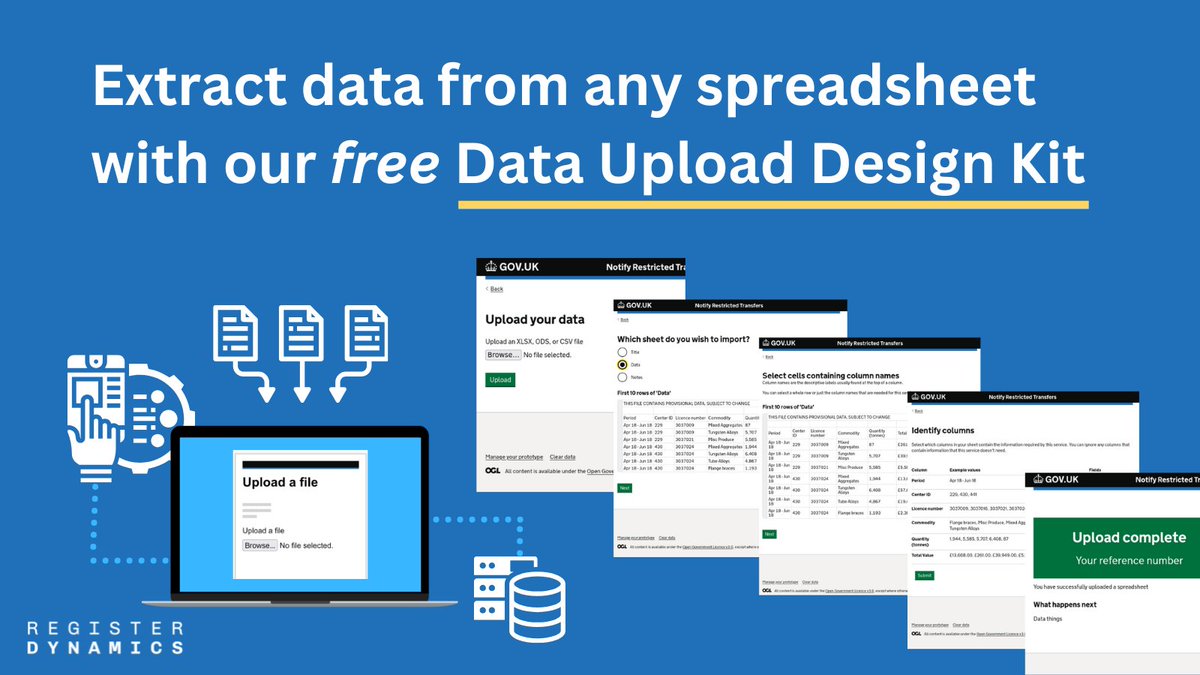 Register Dynamics (@regdyn) on Twitter photo If you're building a data service and want to extract lots of data quickly from spreadsheets, check out our Data Upload Design Kit - a free plugin for the #GOV.UK Prototype Kit. It's completely free for anyone to use:
register-dynamics.github.io/data-import/in… 
#govservices If you're building a data service and want to extract lots of data quickly from spreadsheets, check out our Data Upload Design Kit - a free plugin for the #GOV.UK Prototype Kit. It's completely free for anyone to use:
register-dynamics.github.io/data-import/in… 
#govservices