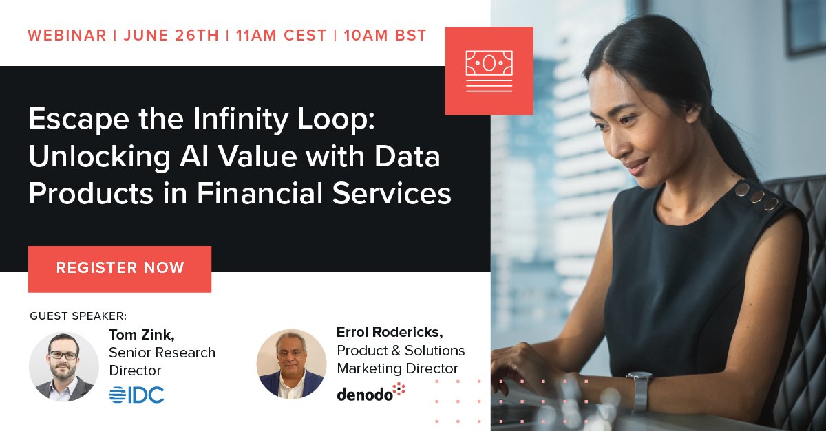 💥 Still stuck in the #AI infinity loop?

Join experts from #Denodo + <a href="/IDC/">IDC</a> to discover how #FinancialServices leaders are using Data as a Product to scale #GenAI and unlock real value — with trusted, real-time data.

🧠 Register now: okt.to/N7ktm8

#IDC #AIReadyData