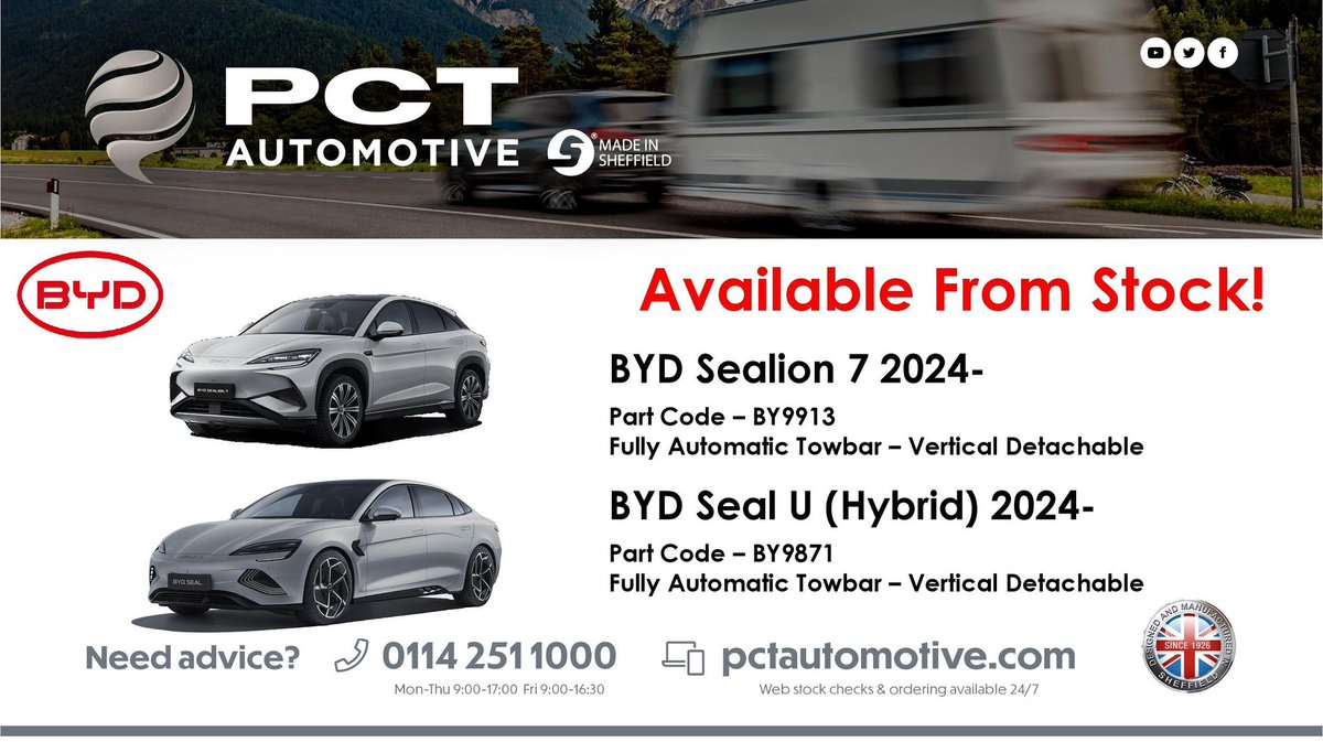 The BYD Towbar Range…

Now Available From PCT Automotive! 

Contact Sales To Secure Your Order ☎️ 

Free Next Day Shipping Available 📦

#PCTAutomotive #Towbars #BYD #Seal #Sealion #Towing #SteelCity #MadeinSheffield