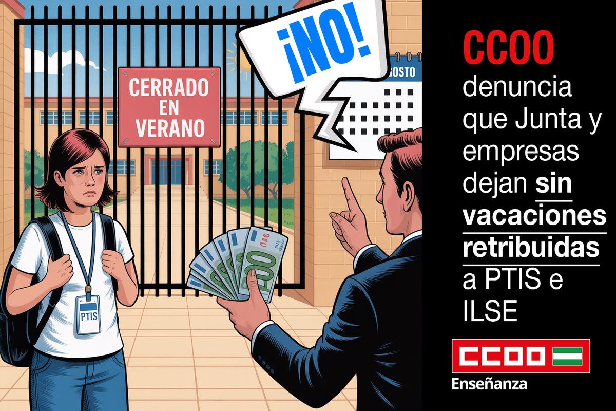 La <a href="/feccooand/">FE CCOO Andalucía</a>  denuncia que Junta y empresas dejan sin vacaciones retribuidas a PTIS e ILSE. El GOB de <a href="/JuanMa_Moreno/">Juanma Moreno</a> abandona a 1800 trabajadoras y sus familias. HAY QUE GARANTIZAR derechos como: pago de vacaciones, plenas condiciones laborales, etc ➕ℹ️ feandalucia.ccoo.es/noticia:730249