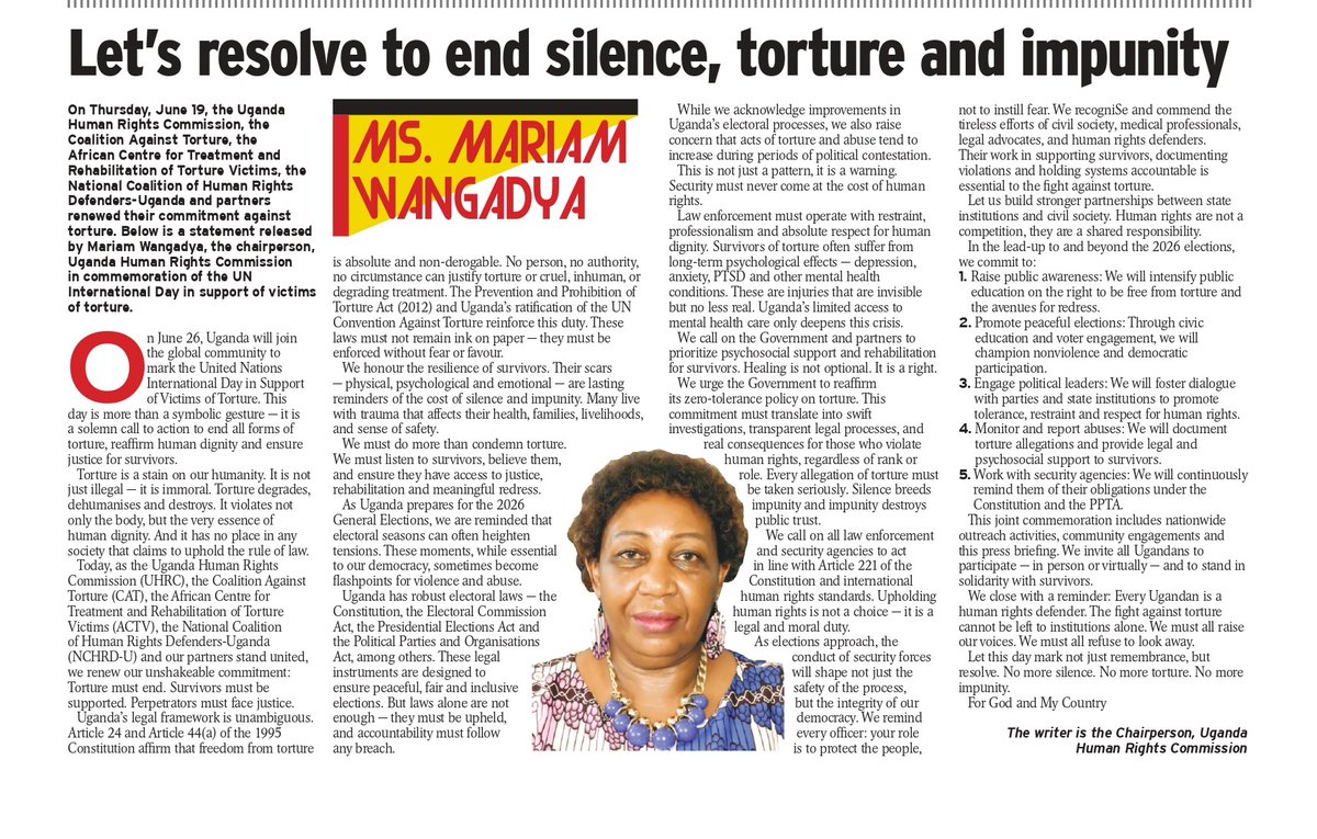 📢 ANTI-TORTURE DAY📌
Our <a href="/ChairpersonUhrc/">Chairperson_UHRC</a>
has offered guidance to CSOs, security agencies and everyone ahead of the 2026 general elections in the <a href="/newvisionwire/">The New Vision</a>

"....We call on all law enforcement and security agencies to act in line with Article 221 of the Constitution and