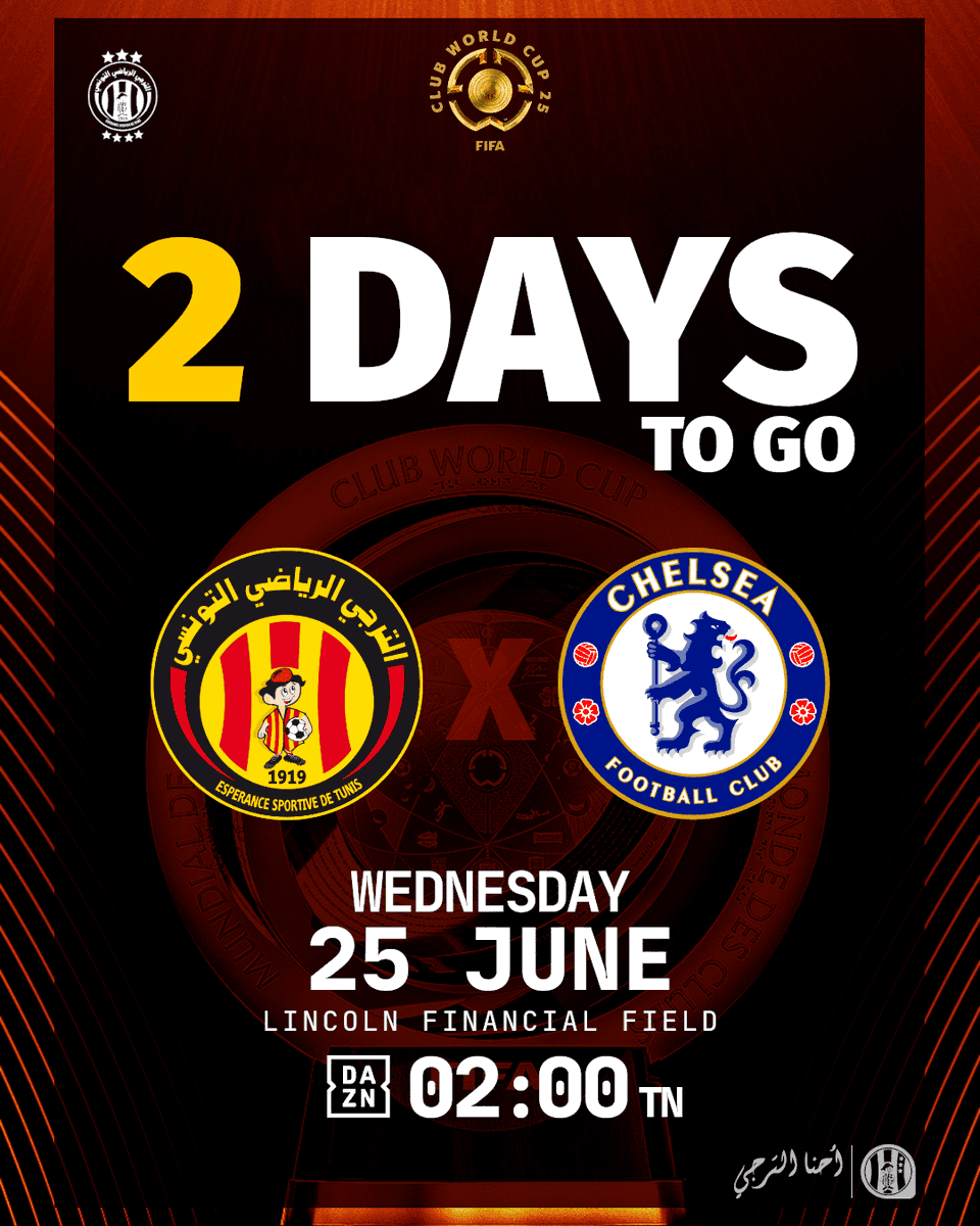 Espérance de Tunis ❤️💛 الترجي التونسي (@estuniscom) on Twitter photo Good Morning everybody / صباح الخير جميعا / Bonjour à tous
🎗️ Daily Reminder 👇
🔥 NEXT MATCH 🔥
⚽ 🇹🇳<a href="/ESTuniscom/">Espérance de Tunis ❤️💛 الترجي التونسي</a> 🆚 <a href="/ChelseaFC/">Chelsea FC</a>🏴
🕙 Wed 25 Jun 02:00 (UTC+1)
🏆 #FIFACWC Group D
🏟 Lincoln Financial Field
📲 #ESTCFC
📺 #DAZN Good Morning everybody / صباح الخير جميعا / Bonjour à tous
🎗️ Daily Reminder 👇
🔥 NEXT MATCH 🔥
⚽ 🇹🇳<a href="/ESTuniscom/">Espérance de Tunis ❤️💛 الترجي التونسي</a> 🆚 <a href="/ChelseaFC/">Chelsea FC</a>🏴
🕙 Wed 25 Jun 02:00 (UTC+1)
🏆 #FIFACWC Group D
🏟 Lincoln Financial Field
📲 #ESTCFC
📺 #DAZN