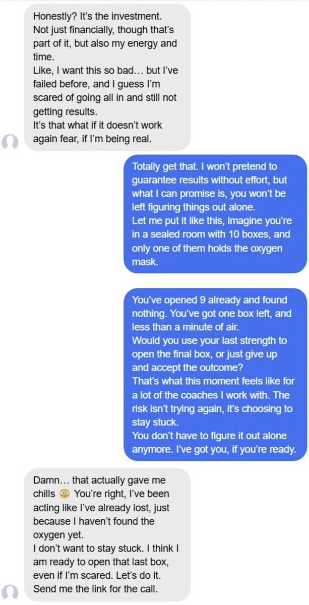 She commented“This is so me. I’ve taken all the courses but still haven’t launched.”
I didn’t pitch her. Didn’t throw a script at her.
I just had a real convo. We talked fear. Doubt. Oxygen boxes. Horses that won’t drink water😂
And it turned into a YES👇(Role Play)