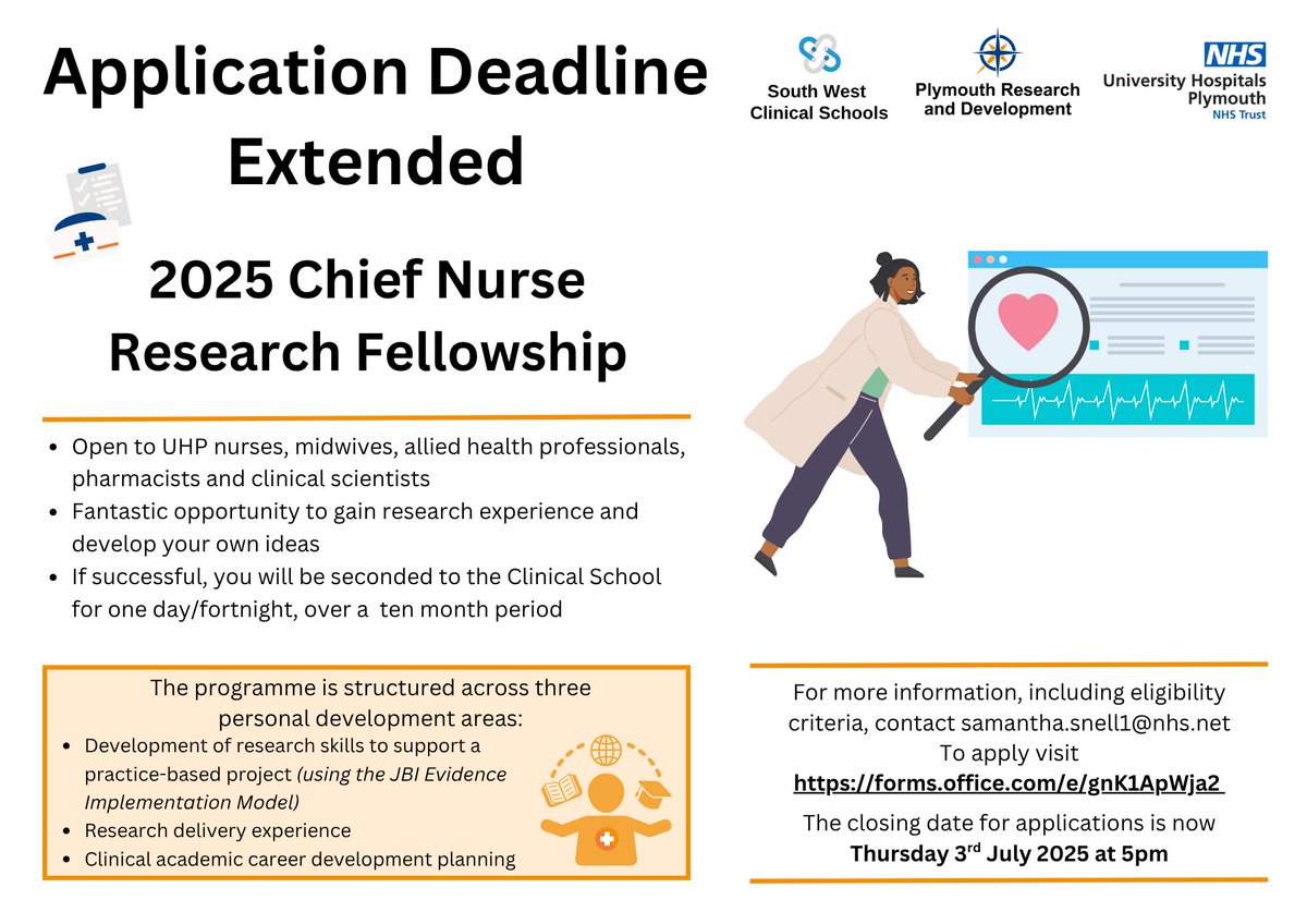 RDInUHP's tweet image. 📢Application deadline extended for this year's Chief Nurse Research Fellowships
Are you interested in gaining research experience and developing your own ideas? Don't miss out on this funded opportunity, apply now at forms.office.com/e/gnK1ApWja2
More info👇
@UHP_NHS @hospitalradio