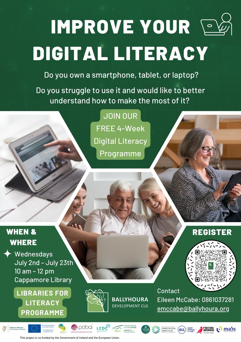 limklibraries's tweet image. 📱💻 This FREE 4-week Digital Literacy programme is taking place next month in #CappamoreLibrary. All information, including how to register, is available at the following link 👇
ballyhouradevelopment.com/Event/improve-…

#LimerickLibraries #DigitalLiteracy #LibrariesForLiteracy
@BallyhouraDev