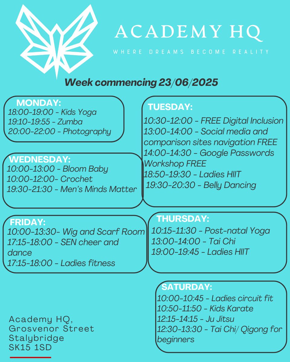 Academy HQ cic (@hq_cic) on Twitter photo Here is our timetable for this week. If you have any questions about bookings please contact bookings@academyhq.co.uk - #Stalybridge #Tameside #Wellbeing #Health #SocialActivites #ThingsToDo #WarmWelcome #Community #FreeSessions Here is our timetable for this week. If you have any questions about bookings please contact bookings@academyhq.co.uk - #Stalybridge #Tameside #Wellbeing #Health #SocialActivites #ThingsToDo #WarmWelcome #Community #FreeSessions