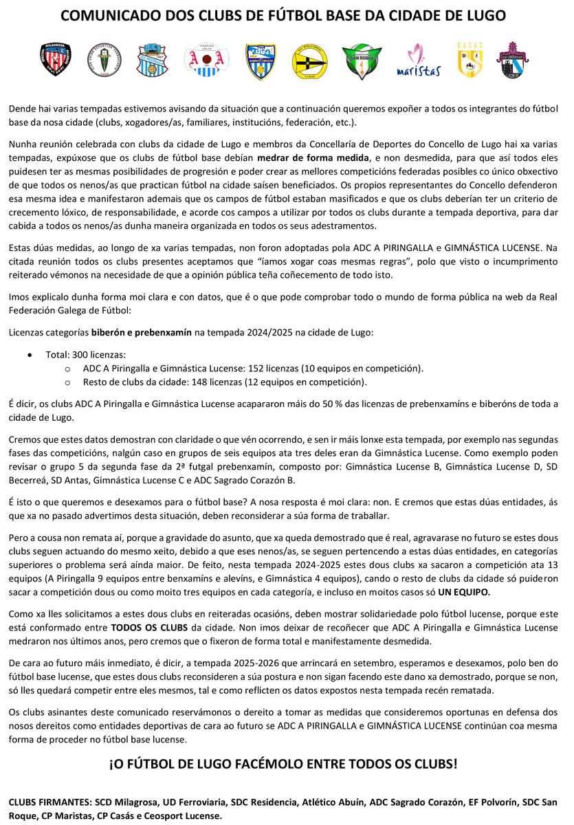 🔵 COMUNICADO OFICIAL ⚪️

¡O FÚTBOL DE LUGO FACÉMOLO ENTRE TODOS OS CLUBS!