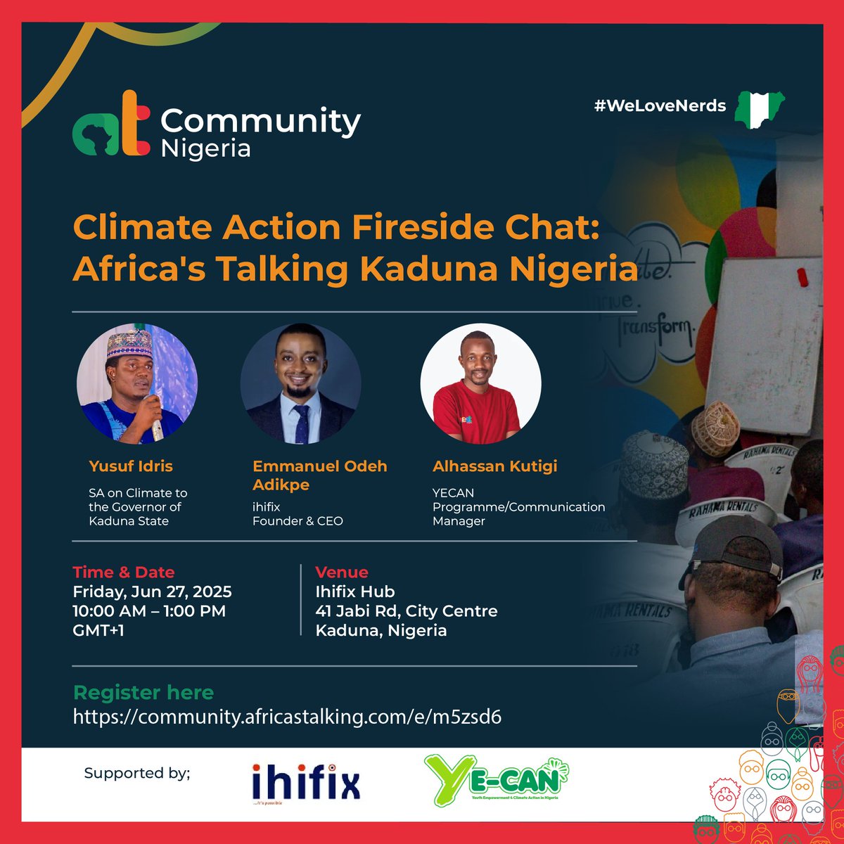 Africa's Talking (@africastalking) on Twitter photo 📅 June 27
🇳🇬 Climate Action Fireside Chat - Kaduna
🌍 How tech accelerates clean energy & environmental solutions
🎤 Speakers:
Yusuf Idris (Climate SA to Kaduna Governor)
Emmanuel Odeh Adikpe ( <a href="/ihifix/">Ihifix</a> CEO)
<a href="/aliuelhasan/">Aliyu Kutigi</a> ( <a href="/OfficialYECAN/">Youth Empowerment for Climate Action in Nigeria</a>)
#ClimateAction #CleanEnergy
RSVP here - 📅 June 27
🇳🇬 Climate Action Fireside Chat - Kaduna
🌍 How tech accelerates clean energy & environmental solutions
🎤 Speakers:
Yusuf Idris (Climate SA to Kaduna Governor)
Emmanuel Odeh Adikpe ( <a href="/ihifix/">Ihifix</a> CEO)
<a href="/aliuelhasan/">Aliyu Kutigi</a> ( <a href="/OfficialYECAN/">Youth Empowerment for Climate Action in Nigeria</a>)
#ClimateAction #CleanEnergy
RSVP here -