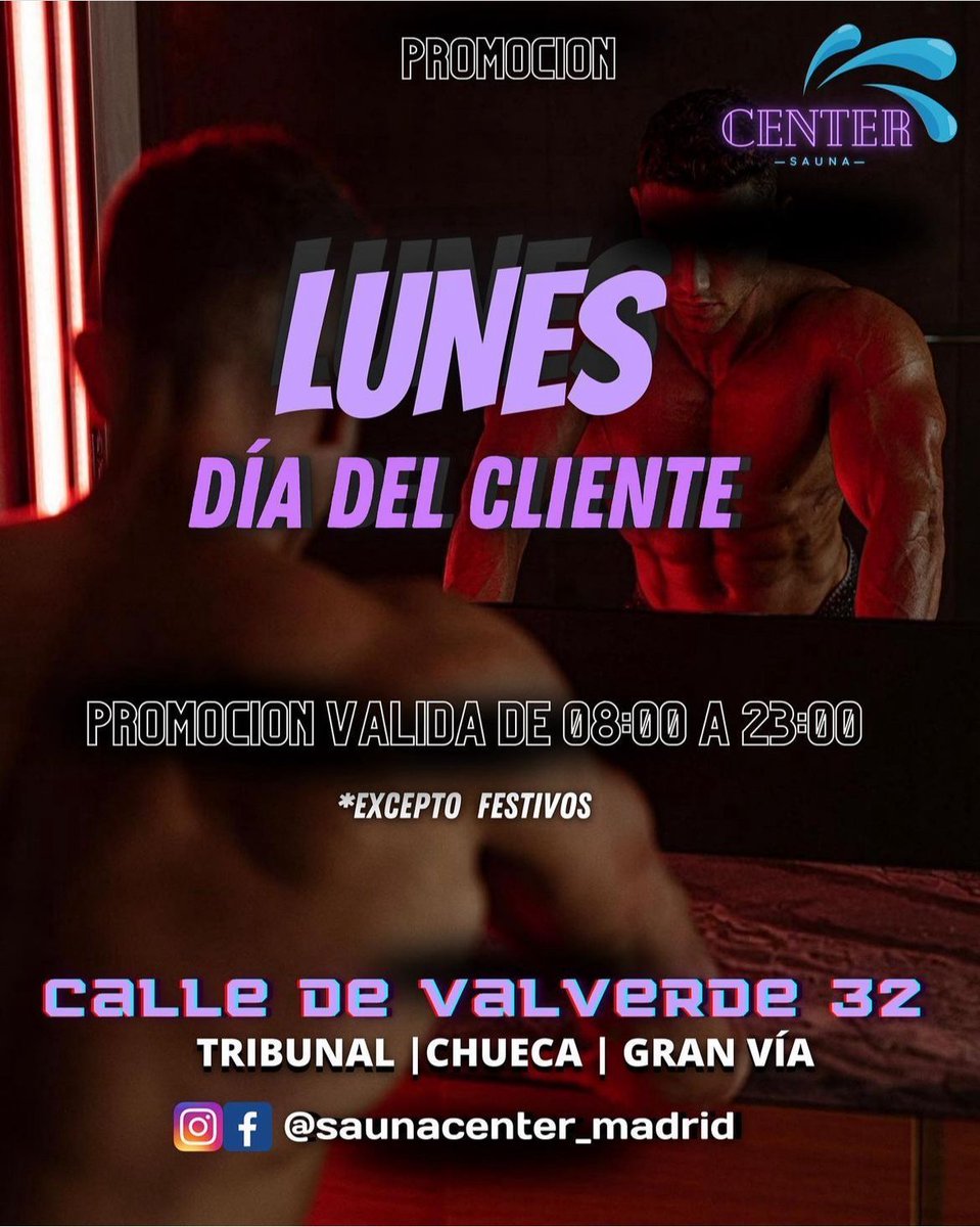 🔥 Mañana en Sauna Center es el Día del Cliente… y lo celebramos como más nos gusta: con morbo, cuerpos calientes y mucho juego 😈💦 Un día picante, atrevido y sin censura. ¿Te atreves a cruzar la puerta? 🚿🍑 ¡Te esperamos! 🔥👀 Calle Valverde 32.