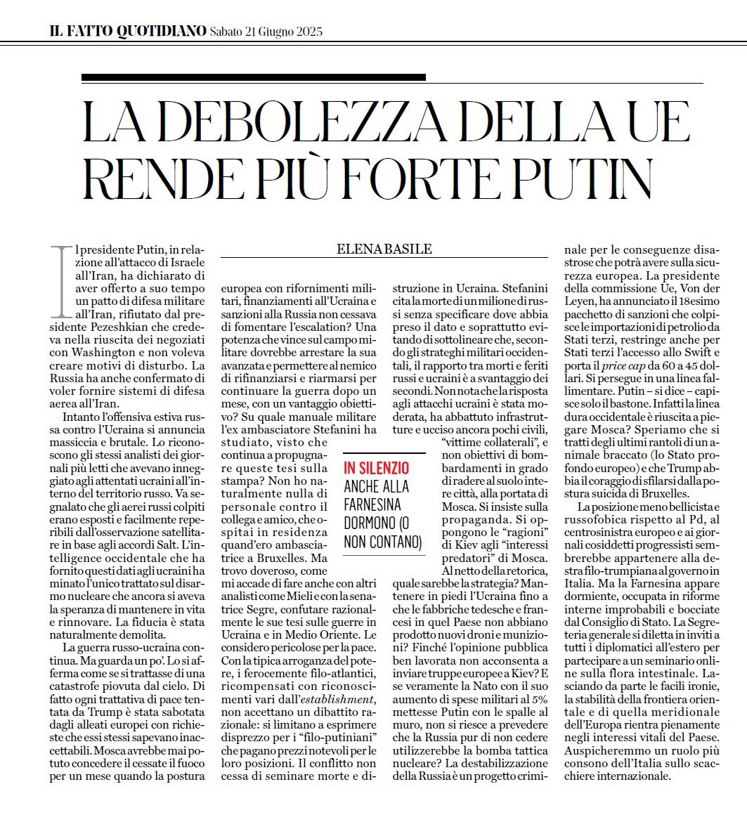 ElenaBasileIT's tweet image. Ancora una volta:
La destabilizzazione della frontiera orientale dell ' Europa, il progetto di un regime change a Mosca é criminale. La Sicurezza Europea é minacciata.
Non da Mosca ma da noi stessi
Come sempre combatto le idee,a mio avviso pericolose per la pace, chiamando per…