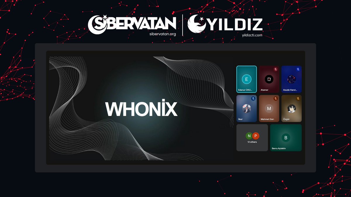 ✨ Bu hafta, "WHONIX" konusundaki sunumu ile bize değerli bilgiler aktaran Edanur Okumuş'a çok teşekkür ederiz.

#SiberVatan #YıldızCTI #CyberThreatIntelligence