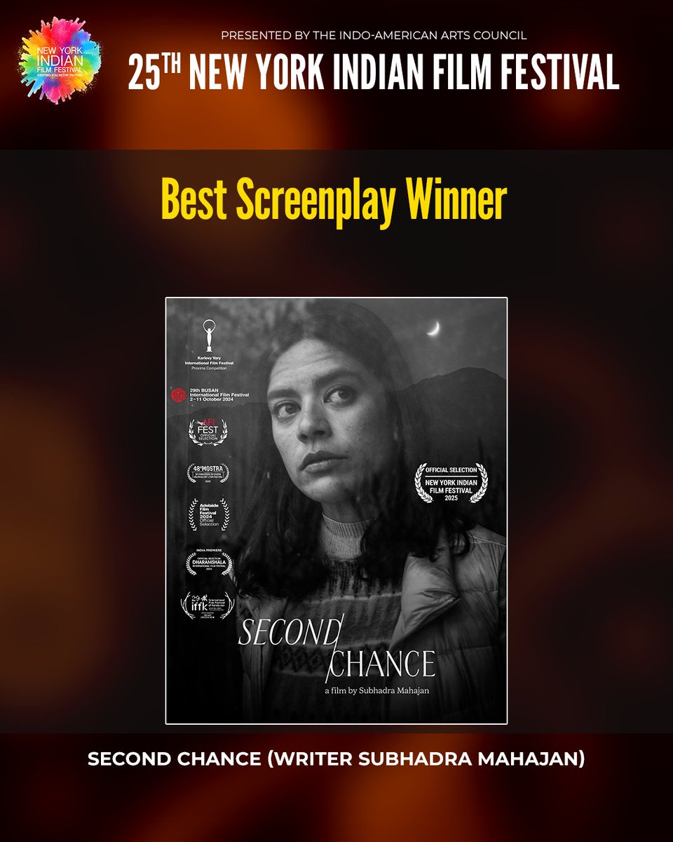 New York Indian Film Festival (@nyindianff) on Twitter photo The NYIFF 2025 winners are here!
* Best Film – Angammal <a href="/vipinradhakrish/">vipinradhakrishnan</a>
* Best Screenplay – Second Chance (Writer: Subhadra Mahajan)
#nyiff2025 #indiancinema #filmfestival #nyc #indiefilms #worldcinema #movies The NYIFF 2025 winners are here!
* Best Film – Angammal <a href="/vipinradhakrish/">vipinradhakrishnan</a>
* Best Screenplay – Second Chance (Writer: Subhadra Mahajan)
#nyiff2025 #indiancinema #filmfestival #nyc #indiefilms #worldcinema #movies