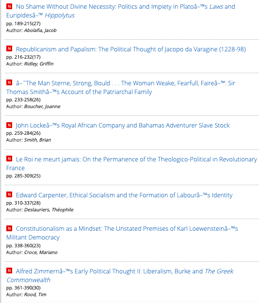 Contents page of Vol 46, Number 2 of the History of Political Thought journal ⬇️

Now available on Ingenta: 
ingentaconnect.com/content/imp/hp…

Subscribe here: 
imprint.co.uk/product/hpt/