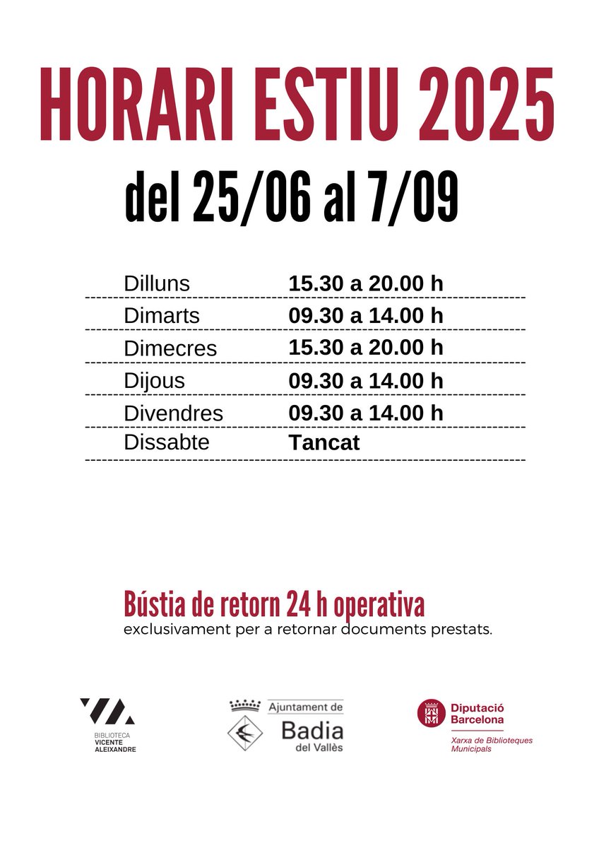El proper dimecres comença l'horari d'estiu a la biblioteca!

#BibliotecaVicenteAleixandre #BibliotecaBadia #BadiaDelVallè