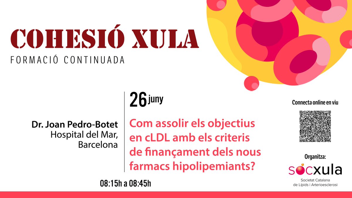 🗓️ El 26 de juny, t’esperem a la 6a sessió Cohesió XULA’25 amb el Dr. Joan Pedro-Botet de l’<a href="/hospitaldelmar/">Hospital del Mar</a>
🔬 Com assolir els objectius de #cLDL amb els criteris de finançament dels nous fàrmacs hipolipemiants?
🕗8:15h – 8:45h
📡 Connecta’t en directe: lc.cx/MCF3Fs