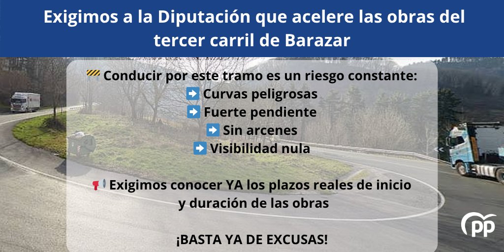 PP Bizkaia (@ppbizkaia) on Twitter photo 🚧 Exigimos a <a href="/Bizkaia/">Bizkaiko Foru Aldundia/Diputación Foral de Bizkaia</a> que acelere las obras del tercer carril de #Barazar
❌ Curvas peligrosas, fuerte pendiente, sin arcenes y visibilidad nula ➡️ La conducción es un riesgo constante
🗣️ No se puede seguir mirando hacia otro lado. ¡Basta de excusas!
☝️Exigimos conocer los 🚧 Exigimos a <a href="/Bizkaia/">Bizkaiko Foru Aldundia/Diputación Foral de Bizkaia</a> que acelere las obras del tercer carril de #Barazar
❌ Curvas peligrosas, fuerte pendiente, sin arcenes y visibilidad nula ➡️ La conducción es un riesgo constante
🗣️ No se puede seguir mirando hacia otro lado. ¡Basta de excusas!
☝️Exigimos conocer los