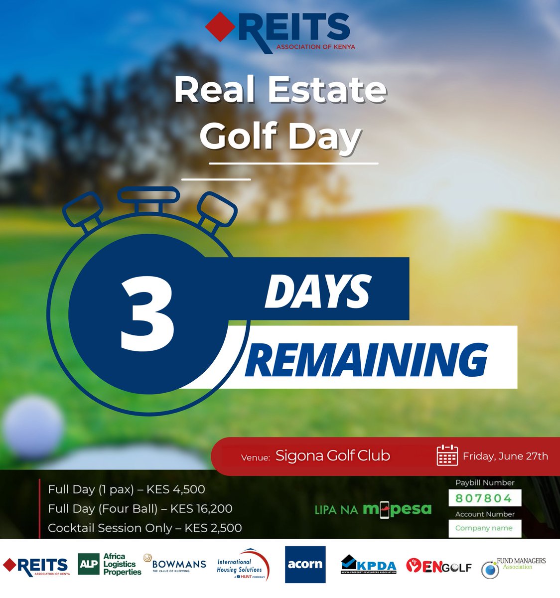 3 Days to Go! 
 
In just three days, industry leaders, investors, and real estate professionals will come together for an unforgettable day at the Real Estate Golf Event.
 
Expect high-impact networking, fresh opportunities, and competitive action on the fairway — all in one