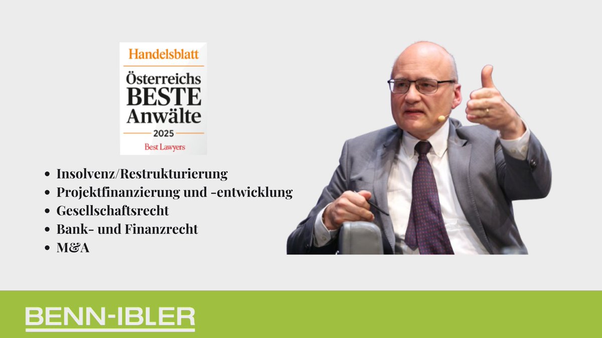 Benn-Ibler Rechtsanwälte | Law Firm (@bennibler_recht) on Twitter photo 🏆 Benn-Ibler erneut unter „Österreichs Beste Anwälte“ im <a href="/handelsblatt/">Handelsblatt</a> Ranking 2025!
MMag. Dr. Stefan Eder zählt in 5 Fachbereichen zu den Top-Jurist:innen – von #Insolvenzrecht - #MergersAndAcquisitions.
Besten Dank an die wertschätzenden Kolleg:innen und Mandant:innen! 🏆 Benn-Ibler erneut unter „Österreichs Beste Anwälte“ im <a href="/handelsblatt/">Handelsblatt</a> Ranking 2025!
MMag. Dr. Stefan Eder zählt in 5 Fachbereichen zu den Top-Jurist:innen – von #Insolvenzrecht - #MergersAndAcquisitions.
Besten Dank an die wertschätzenden Kolleg:innen und Mandant:innen!