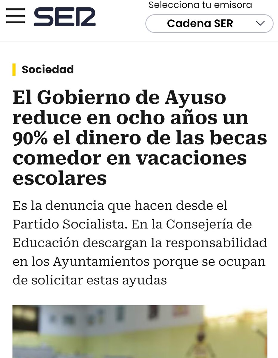 El Gobierno de Ayuso reduce en ocho años un 90% el dinero de las becas comedor en vacaciones escolares. Apenas 1.000 ayudas cuando en pobreza severa hay 139.000 niños/as en Madrid.
Para Ayuso estas criaturas no tienen derecho a comer en verano 
#ayuso7291 cadenaser.com/cmadrid/2025/0…