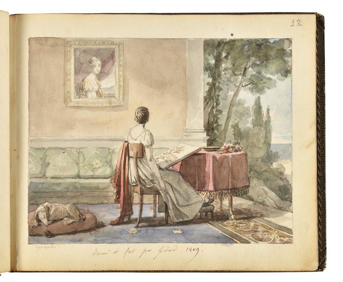 LaforeAlexandre's tweet image. Illustré par le baron Gérard, le comte de Forbin, Vernet ou Hesse, ce passionnant album qui appartenait sans doute à Louise Cochelet, lectrice de la reine Hortense trouvera sa place au @museemalmaison qui l'a préempté pour 40 650 € lors de la vente Walewski chez @OsenatSVV 👏