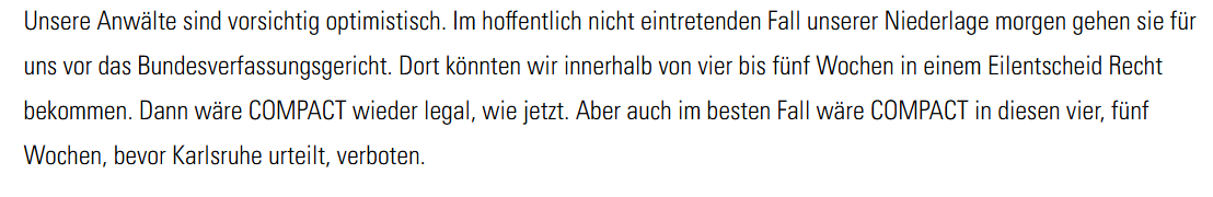 KryzUnger's tweet image. Morgen steht die Entscheidung des Bundesverwaltungsgerichts zum #CompactVerbot an. Das Magazin kündigt schon an: Bei einer Niederlage will man nach Karlsruhe, zum Bundesverfassungsgericht, ziehen. #Rechtsextremismus #Compact