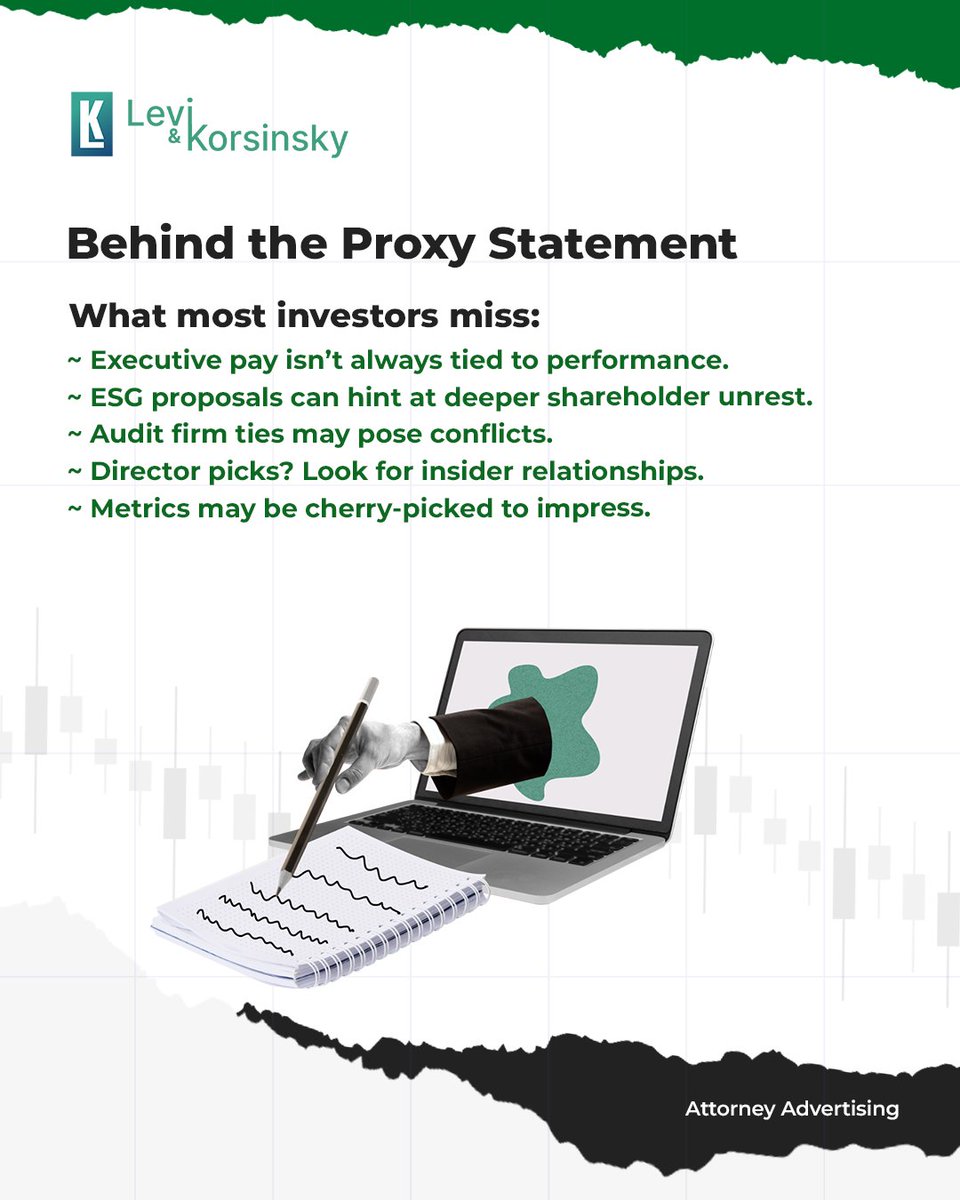 Levikorsinsky_'s tweet image. Think proxy statements are just paperwork? Think again. They’re filled with clues about how a company is really run—and where investors should dig deeper.

Further reading: investopedia.com/articles/stock…

Attorney Advertising. 

#InvestorAwareness #ProxySeason #KnowYourRights