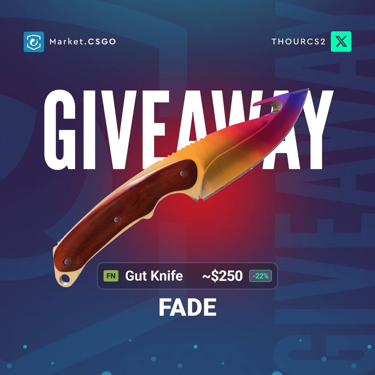Celebrating my birthday by giving away this beautiful Gut Knife | Fade (FN) 🥂🎉

- Follow <a href="/ThourCS2/">Thour</a> &amp; <a href="/MarketCSGOcom/">Market.CSGO</a>
- Like &amp; Retweet this post
- Tag 2 Friends

Winner will be declared on 30th June ✌️