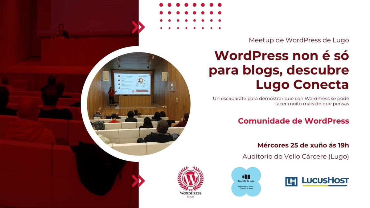 🔥 Non me digas que pensas que WordPress é só para blogs?

Oes.

Aínda non sabes o que é Lugo Conecta?

Pois vas tarde.

Este mércores 25 de xuño ás 19:00 no Vello Cárcere descubriralo. Última Meetup da temporada. 

Pasamos lista!!

🍕 Networking patrocinado por <a href="/LucusHost/">LucusHost</a>