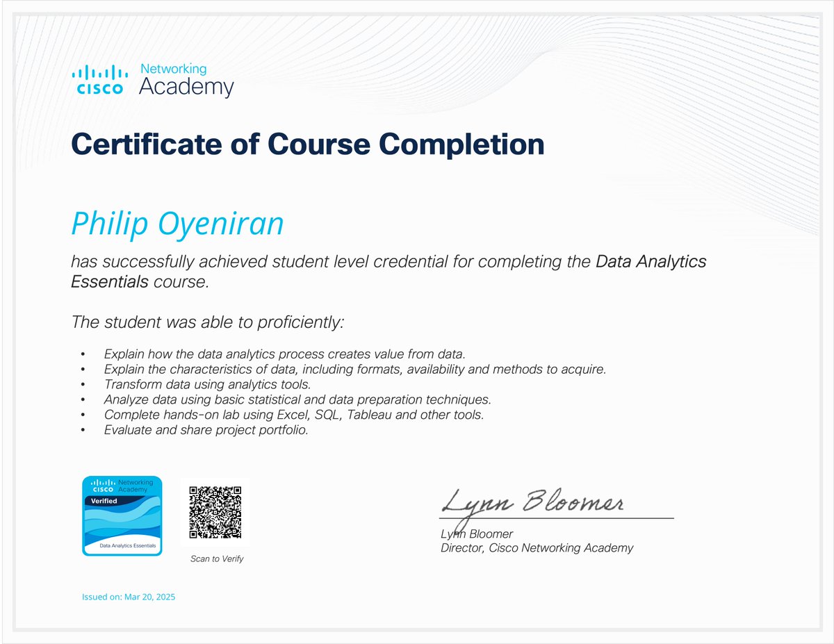 philo_NFT's tweet photo. Just completed the Data Analytics Essentials course! 📊💻 
Excited to keep growing and applying these skills in real-world projects. 
#DataAnalytics #LifelongLearning #CertificateEarned #cisconetworkingacademy #data 

Would you like a more casual or fun version too? https://t.co/udT7Bqnh1i