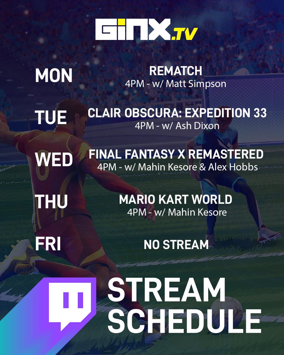 Matt is football crazy whilst Ash is trying to stay young forever in Clair Obscura and then Mahin plays Final Fantasy X badly whilst Alex shouts at him and to somehow gain his sanity back he plays Mario Kart World on Thursday 💖

Join us everyday at 4pm! ✨