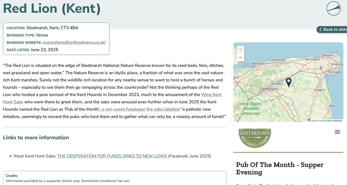 blood_business's tweet image. Classic line from West Kent Hunt Sabs describing the 'pub of the month' nonsense from Kent Hounds as "a pathetic new initiative”. Shame on Stodmarsh's Red Lion for taking part and supporting the failing hunt...
bloodbusiness.info/business/red-l…