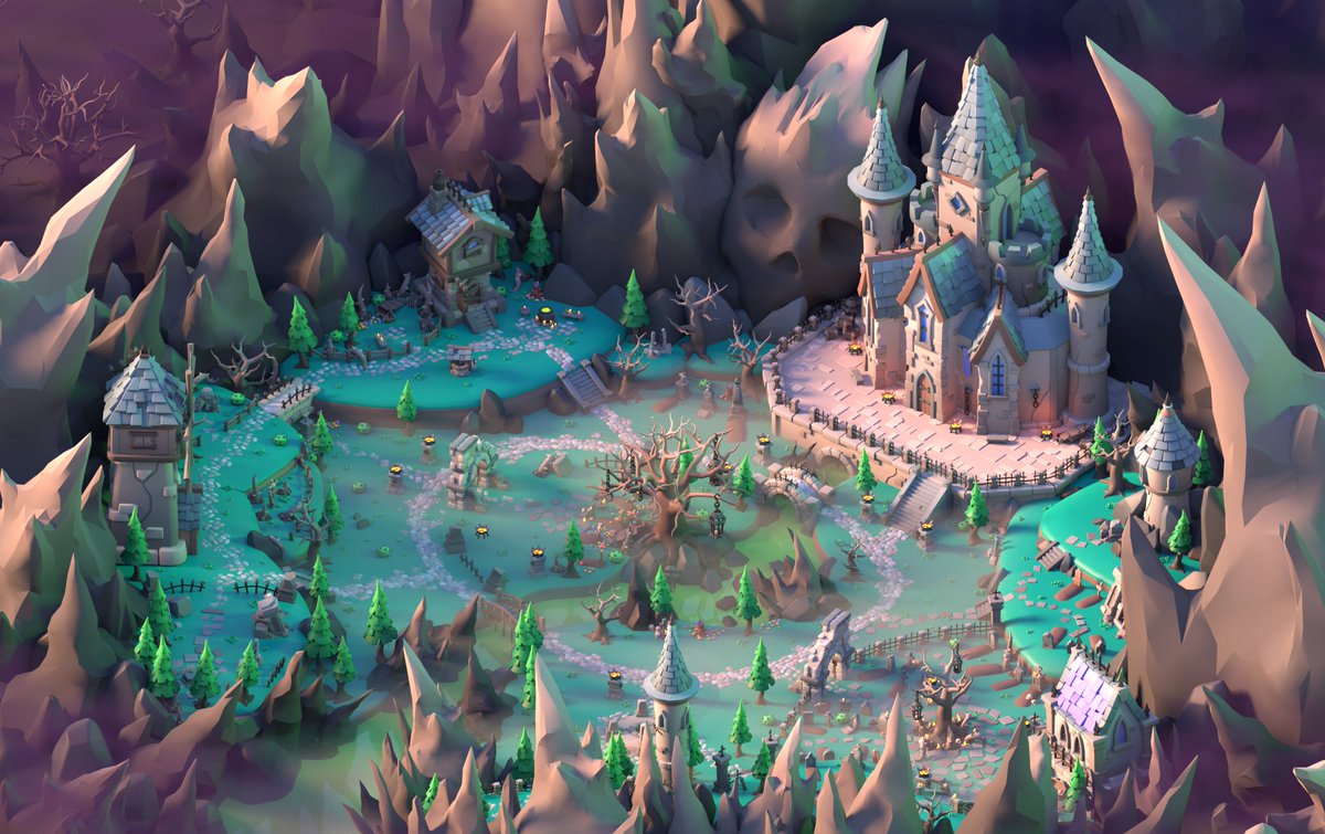 MakcKopp's tweet photo. Hello! My new commercial project for IThappy studios. Dark valley. #Gamelocation #3DCG #blender3d #lowpoly #gamedev #horror #Castle #cemetery #3dart https://t.co/kCn4ThekqF