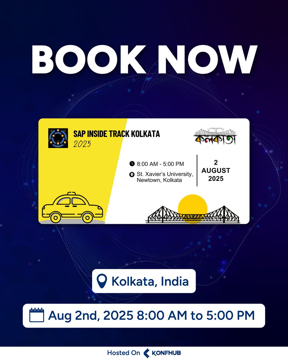KonfHub's tweet image. 🚀 SAP Inside Track (SIT) Kolkata is back — and this time, it’s all about Business AI!
📅 Mark your calendars: August 2nd, 2025

📍 Venue: St. Xavier&apos;s University, New Town, Kolkata
⏰ Time: 8 AM – 5 PM IST
🎟️ konfhub.com/sap-inside-tra…

#SAPInsideTrack #SAPCommunity #SITKolkata