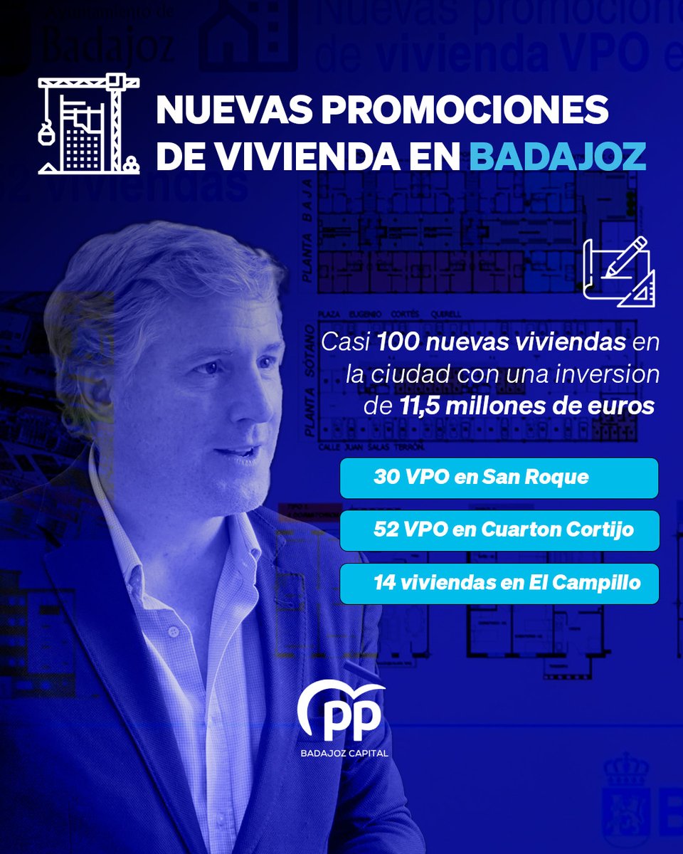 🏘️ Seguimos impulsando vivienda asequible y de calidad en #Badajoz. La Inmobiliaria Municipal construirá 30 nuevas viviendas de VPO en la segunda fase de la calle Hermanos Vidarte en #SanRoque y las 52 en #CuartónCortijo. El plazo de inscripción comienza hoy.
