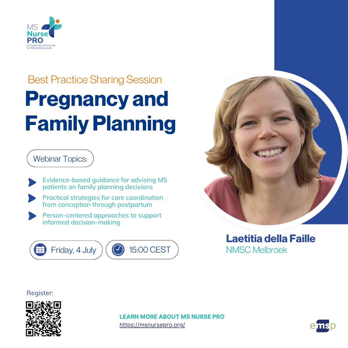eumsplatform's tweet image. Family Planning & Pregnancy webinar for MS healthcare professionals!
Join us:
🗓️July 4th 🕑 15:00 CEST
Learn:
Evidence-based strategies
Care coordination tips
Person-centered approaches
Speaker: @Laetitia della Faille, NMSC Melbroek
Register: bit.ly/3FZTbwz
#MSCare