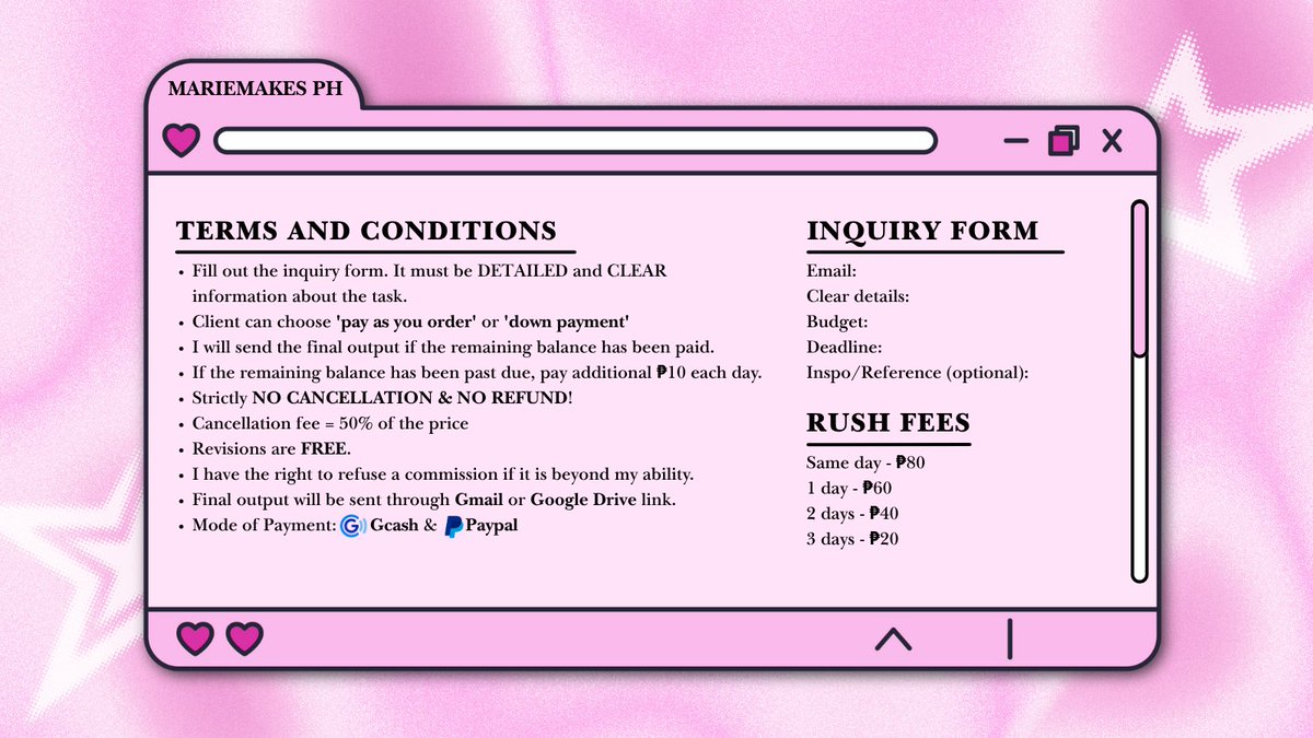 mariemakes_'s tweet image. ⋆. 𐙚 ˚ Hello! I’m Marie — an Accountancy graduate and graphic designer from ph🇵🇭⭑.ᐟ

⭑Feedbacks: #mariemakes_feedbacks
⭑Samples: #mariemakes_samples

🏷️ lf client graphic freebies event project kpop ppop banner frame poster ppt presentation class schedule canva gcash paypal