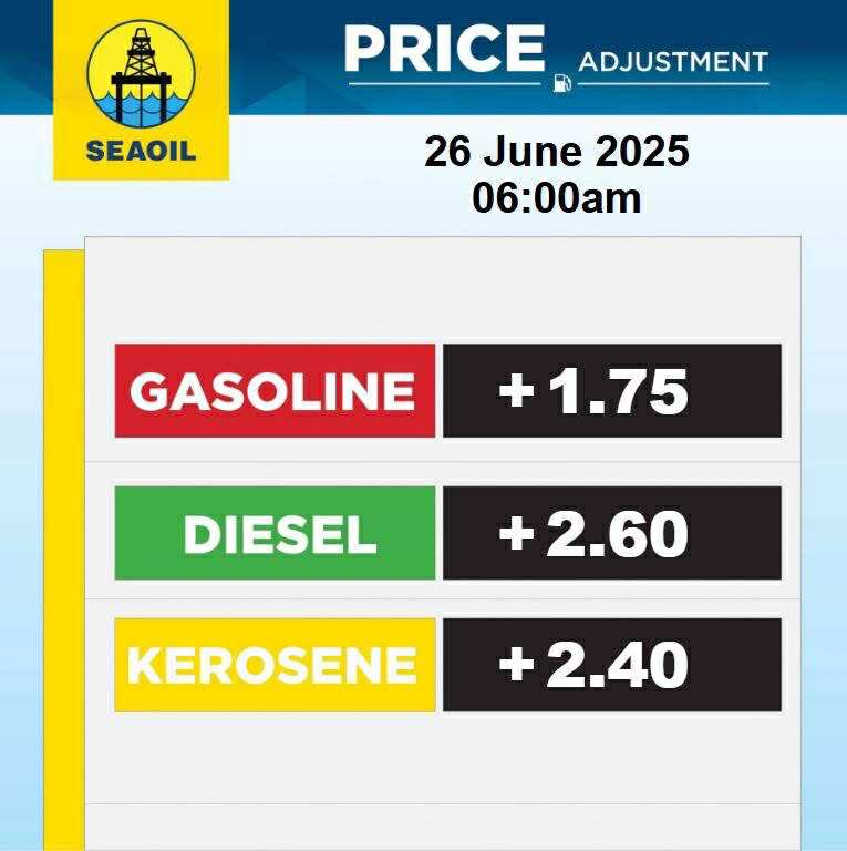 dzrhnews's tweet photo. #SEAOIL Price adjustment effective June 24 and 26, 2025
In support of the government’s call to help cushion the impact of significant fuel price movements, SEAOIL will implement a staggered price adjustment reflecting last week’s market changes. | RH 15 @JecelleRicafort, DZRH News