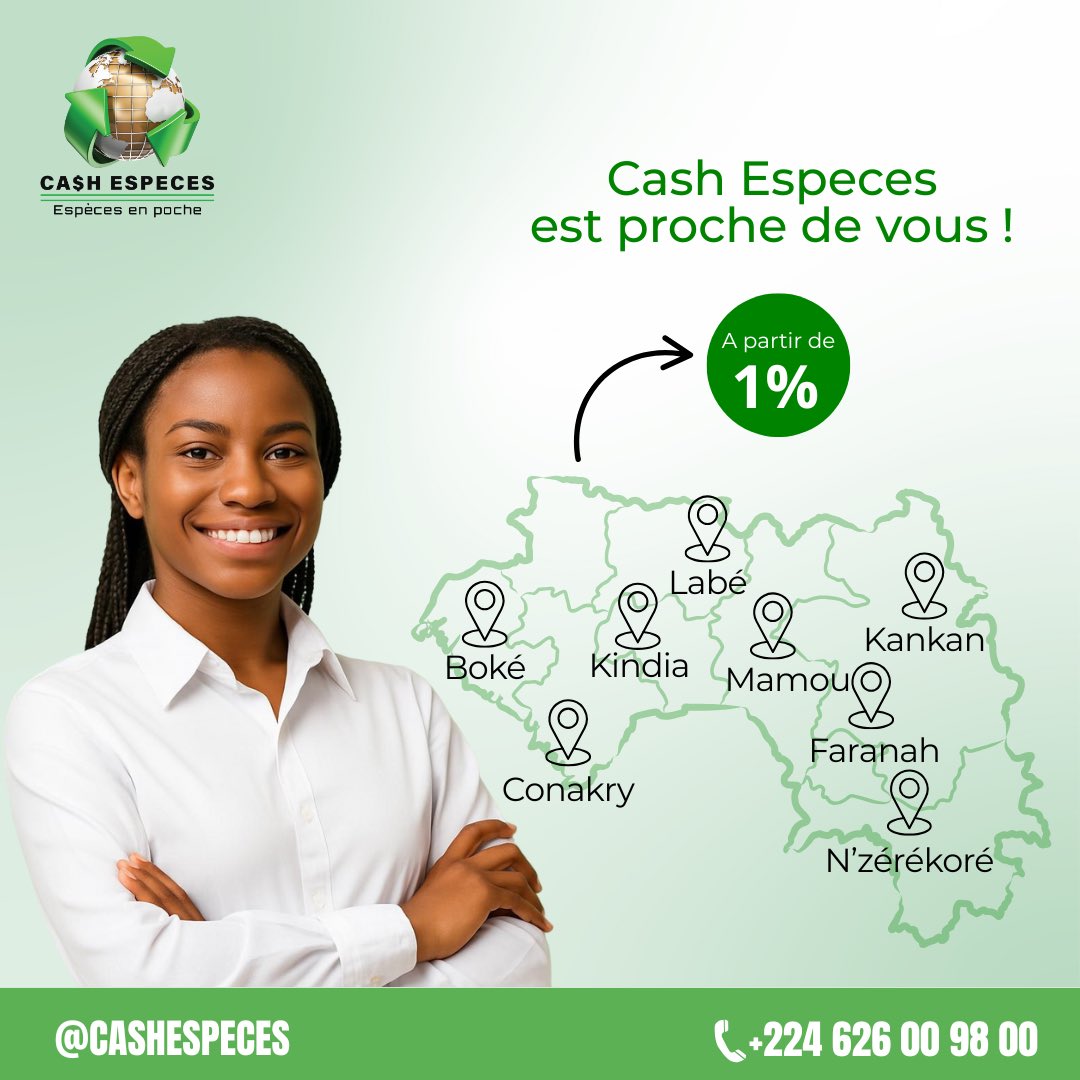 Avec nous, la proximité est une priorité.

Retrouvez nos points partenaires dans toutes les grandes villes de Guinée 

Transférez à partir de 1%, simplement et en toute confiance.

Cash Especes, Especes en poches. 

#CashEspeces #TransfertDargent #ChangeDevises #Guinée