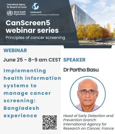 Join the 3rd event in our #CanScreen5 webinar series!
🗓️Wed 25 Jun, 8-9am CEST.
IARC's Dr Partha Basu speaks about implementing health info systems to manage #cancerscreening &amp; shares the experience of #Bangladesh🇧🇩 with <a href="/dhis_2/">DHIS2</a>
#CervicalCancerElimination 
iarc.zoom.us/webinar/regist…