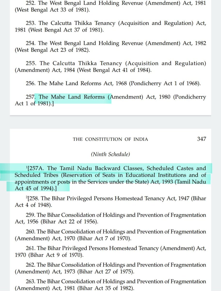 Facts:
1. 9th schedule has nothing to do with reservation. 9th schedule was made to protect "land reforms"

2. TN 69% reservation was put under MAHE land reform act 1980 (a misuse of power)

3. After 2007 IR Coelho case, it's not possible to randomly put any act under 9th