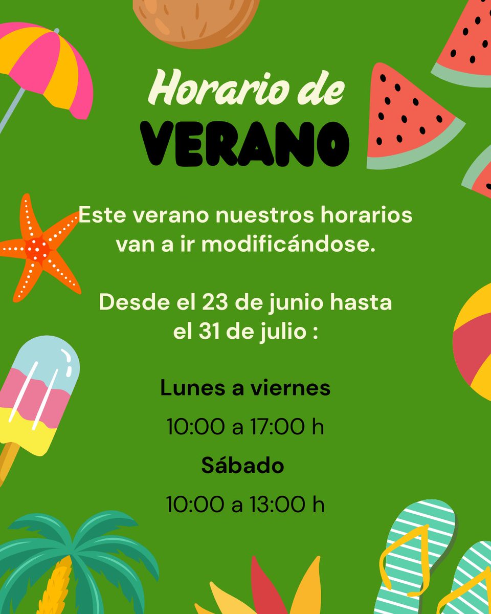 Este verano nuestros horarios van a ir modificándose.
Desde el 23 de junio hasta el 31 de julio:
Lunes a viernes: 10:00 a 17:00h
Sábados: 10:00 a 13:00h.