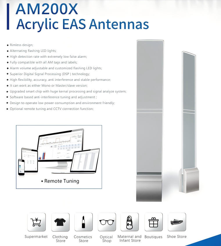 Sleek rimless design for a modern look. Eye-catching alternating LED lights enhance visibility. With high detection rates and low false alarms, it’s fully compatible with all AM labels and tag.